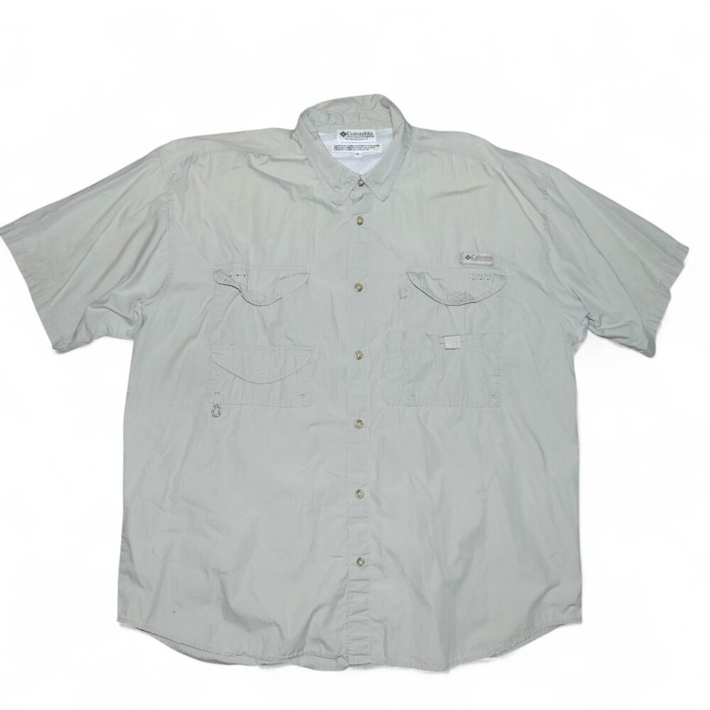 Columbia PFG Shirt Men XL Beige Short Sleeve Omni Shade Vented Fishing Button Up